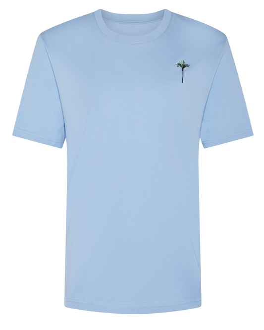 Palm Embroidered Organic Cotton Soft Blue T-Shirt on a white background