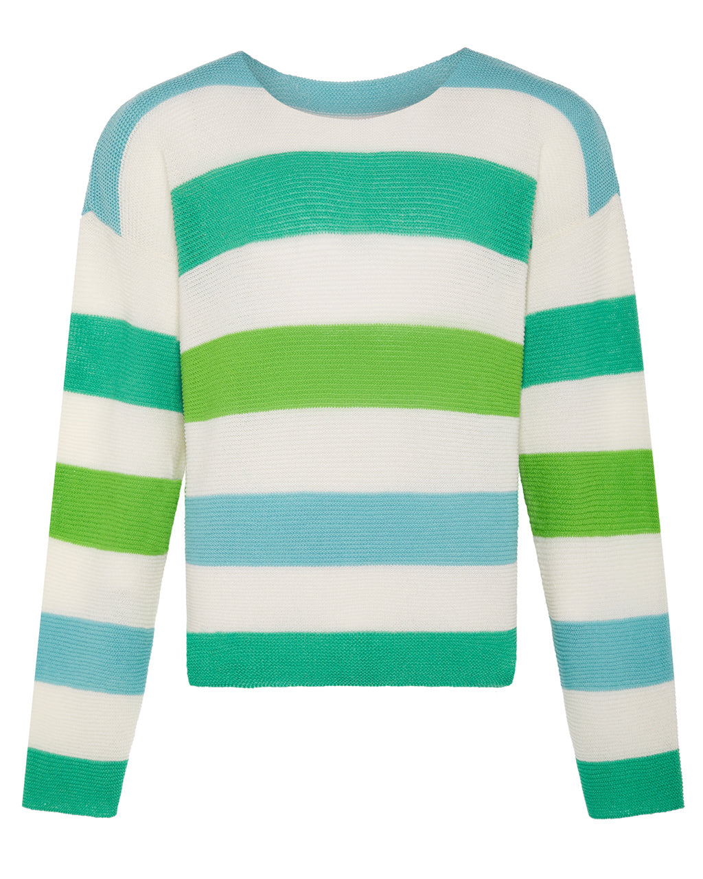 Eco-Friendly Striped Dropped Shoulder Top - Green & Blue | Wool & Cashmere Blend, Ethically Sourced on a white background