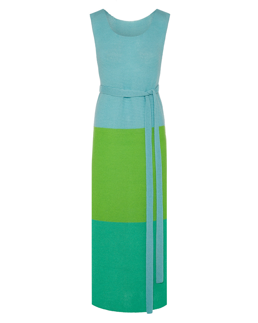 Elegant Colour Block Belted Slit Dress in Green & Blue - Sustainable Wool & Cashmere, Made in London on a white background