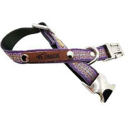 Purple dog collar with a metallic clasp on a white background