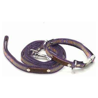 Purple dog collar and leash set on a white background