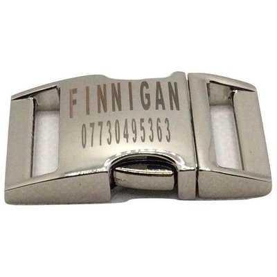 Metallic buckle with engraved text on a white background