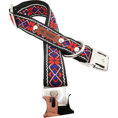 Decorative gun strap with red and blue patterns on a white background