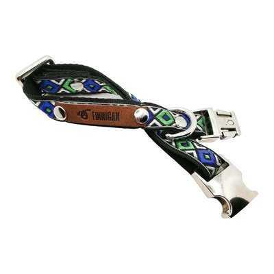 Dog collar with decorative pattern and brand name on a white background