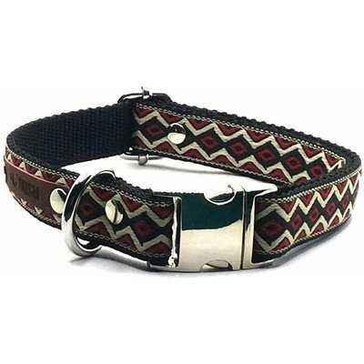 Dog collar with patterned design and metallic buckle on a white background