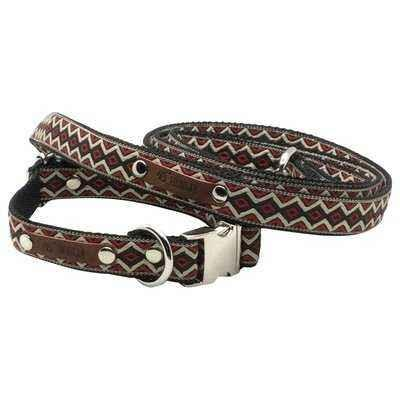 Dog collar and leash with brown and beige pattern on a white background
