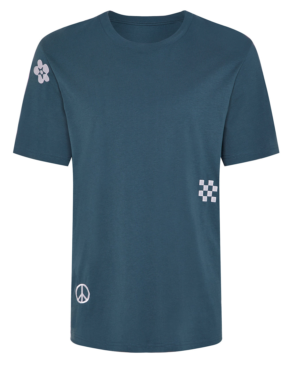 Symbols Embroidered Organic Cotton Teal Sustainable T-Shirt on a white background