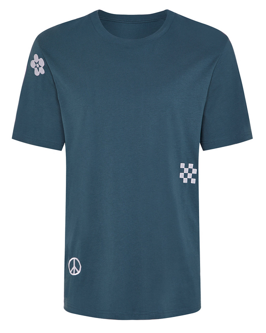 Symbols Embroidered Organic Cotton Teal Sustainable T-Shirt on a white background