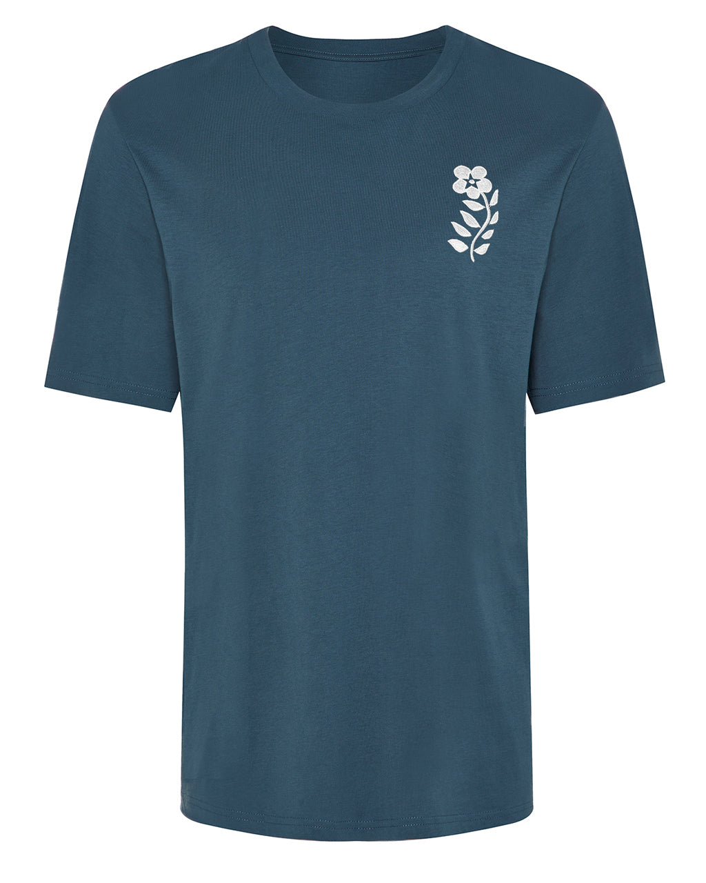 Eco-Friendly Floral Embroidered Organic Cotton Teal T-Shirt on a white background