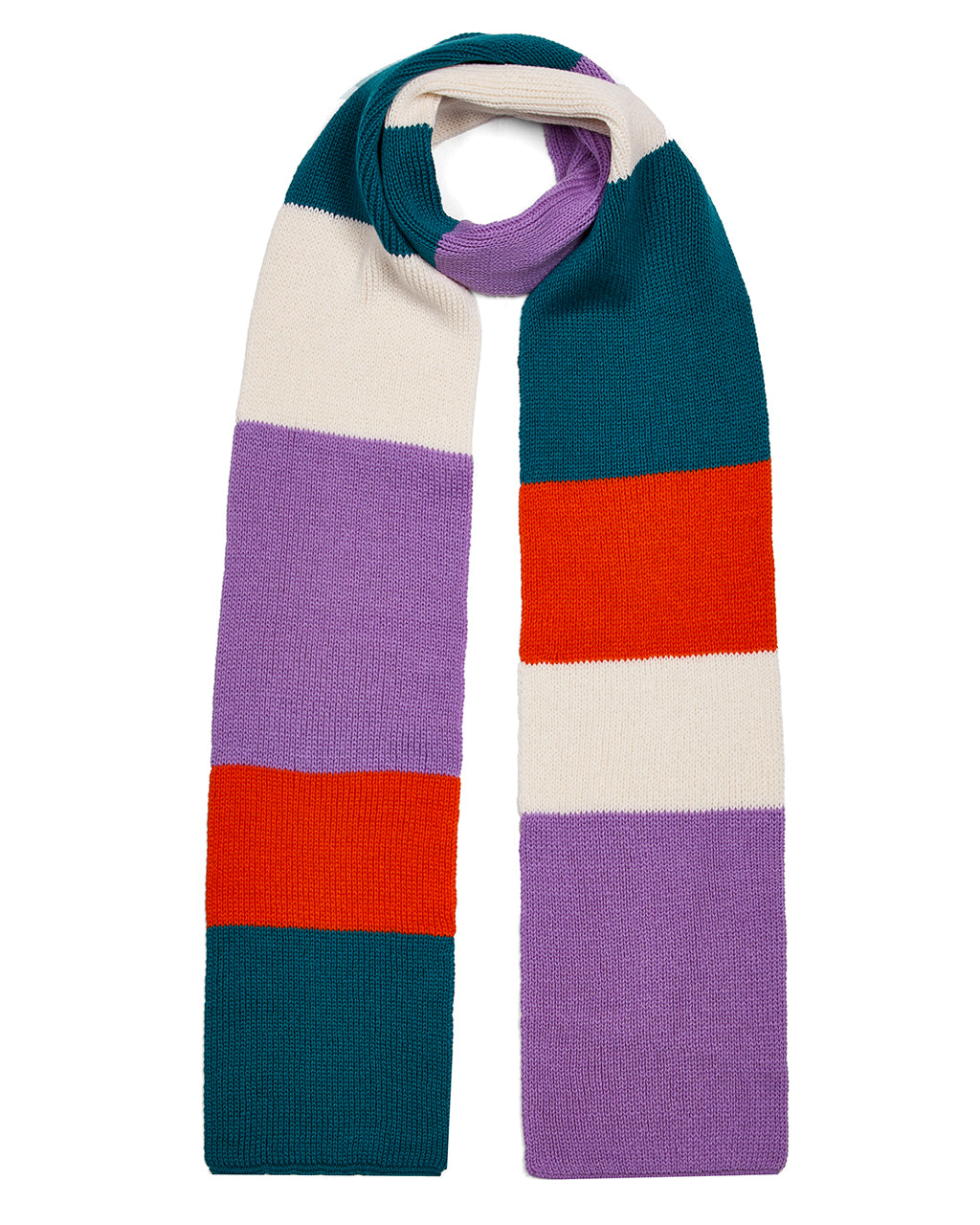 Luxurious Ribbed Wool & Cashmere Colour-Block Scarf - Lilac & Teal | Ethical & Made in London on a white background