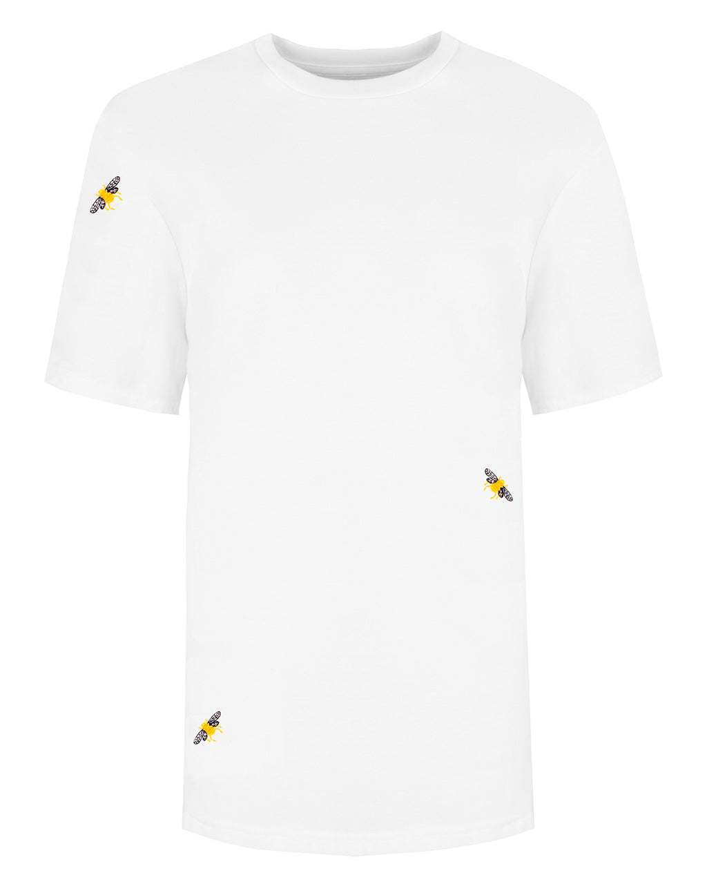 White Bee Embroidered Organic Cotton T-Shirt - Handmade in UK, Eco-Friendly on a white background