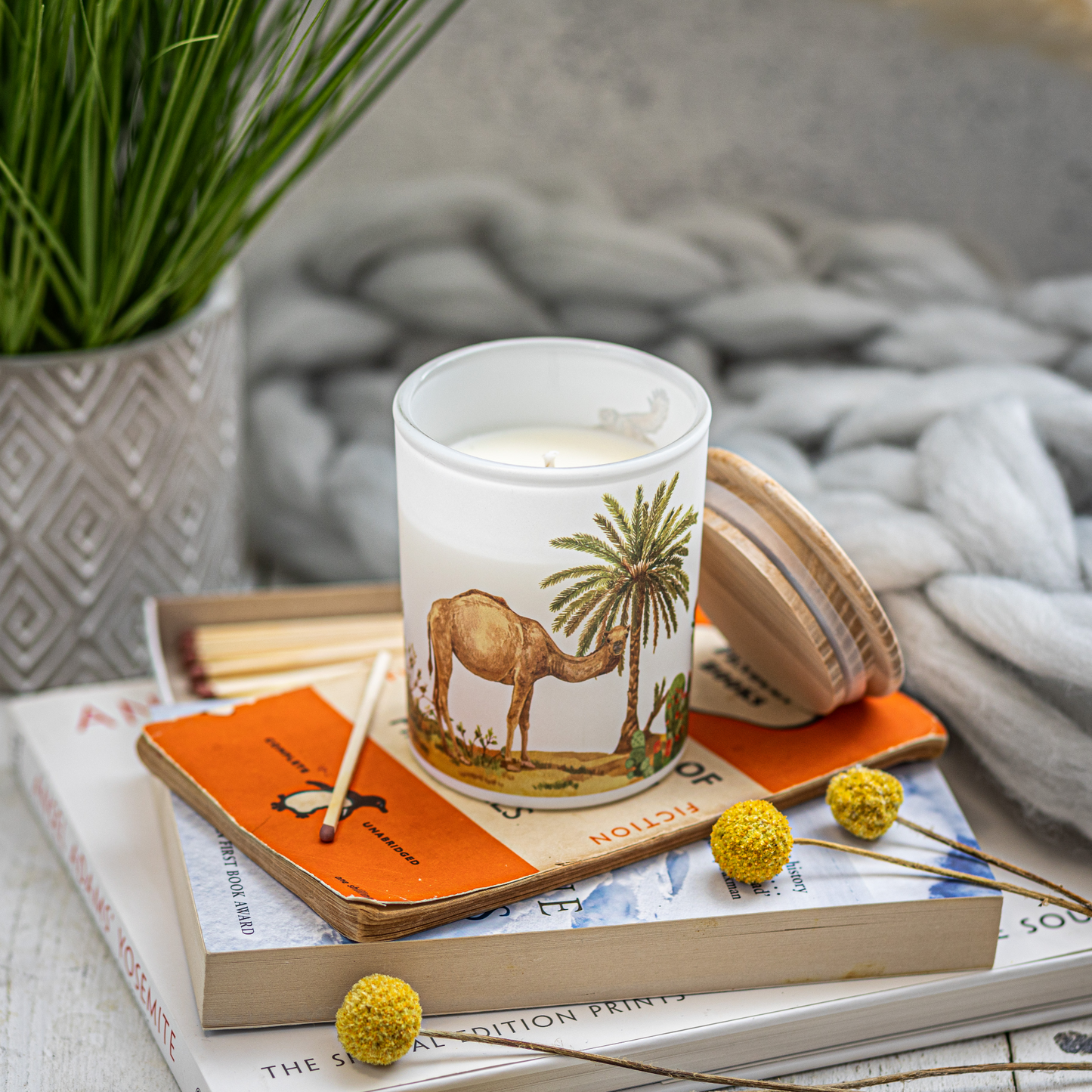 Candle with a camel and palm tree design on a stack of books with yellow flowers and a plant in the background.