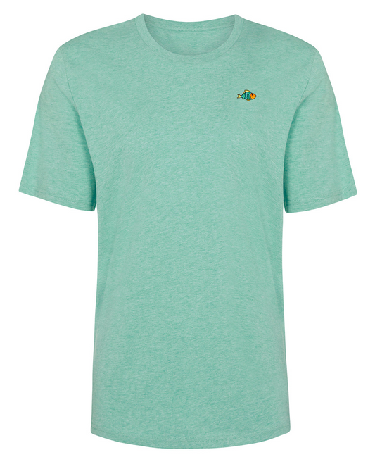 Heather Green - Super Soft Organic Cotton t-shirt with a small colorful graphic on a white background