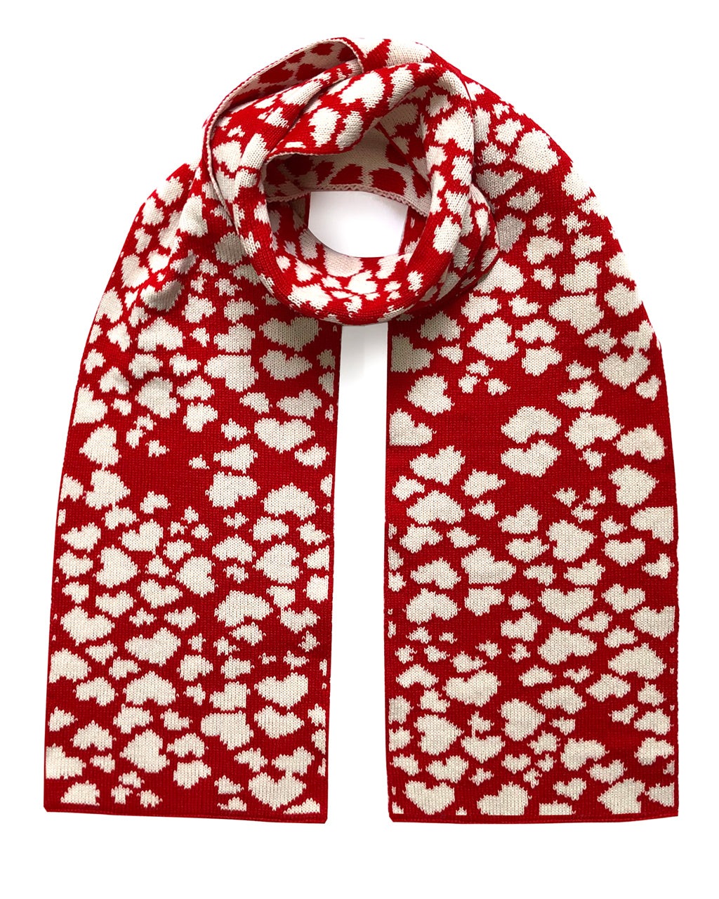 Red and White Hearts Wool & Cashmere Scarf  on a white background