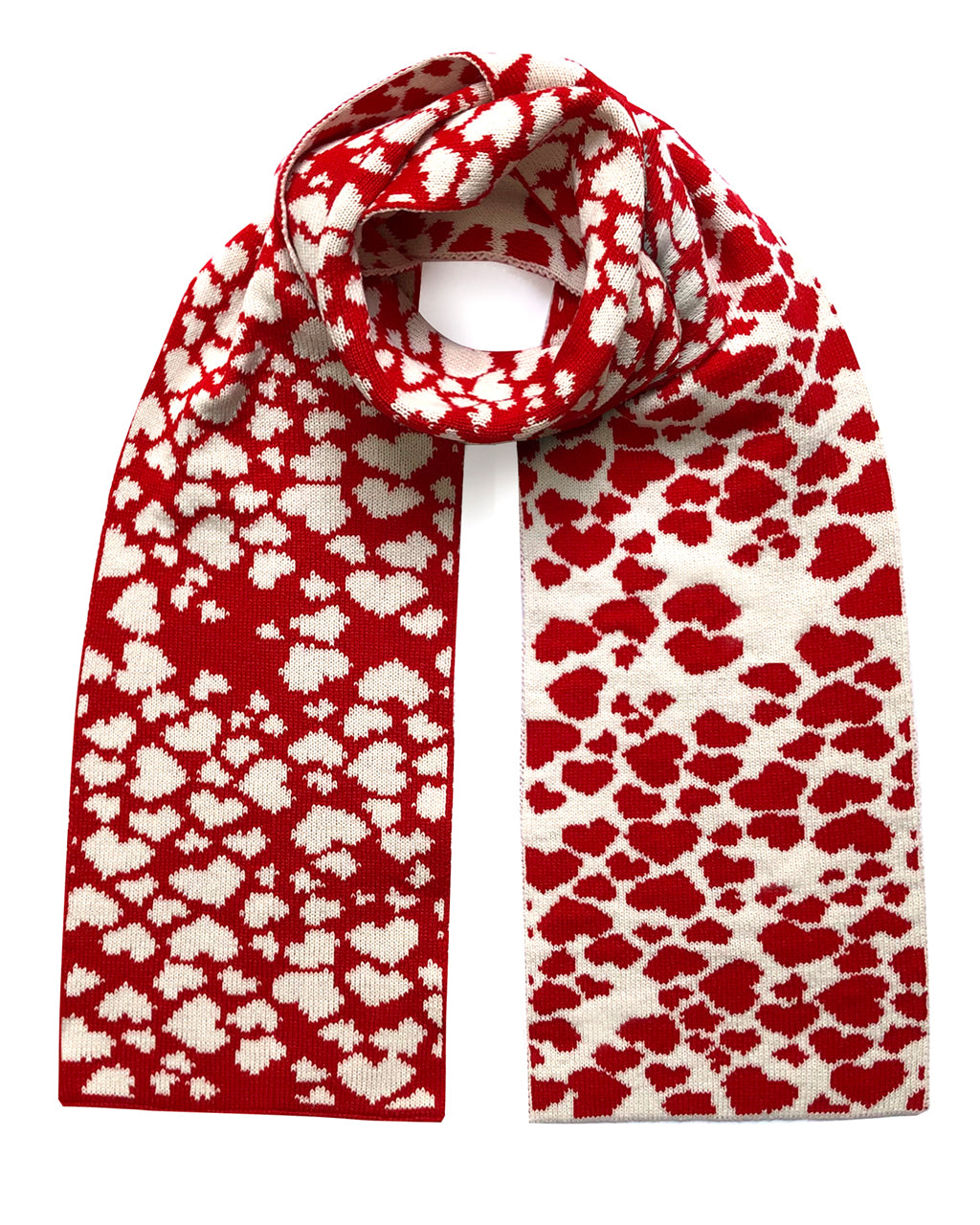 Red and White Hearts Wool & Cashmere Scarf on a white background