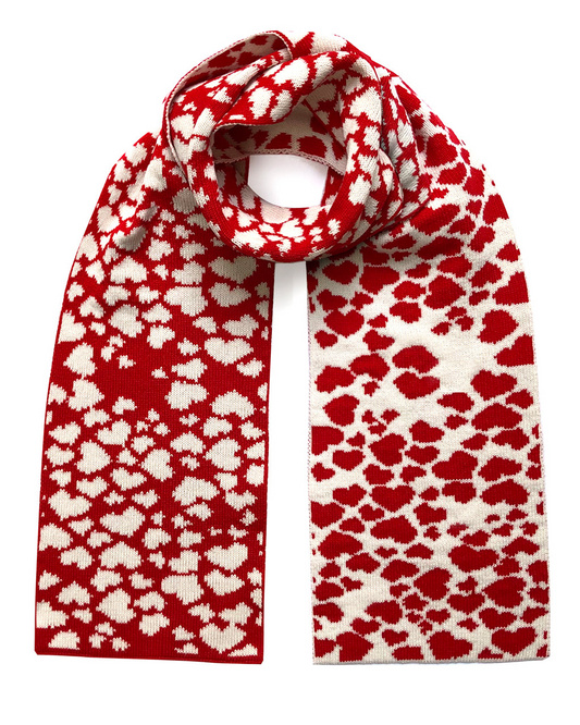 Red and White Hearts Wool & Cashmere Scarf on a white background