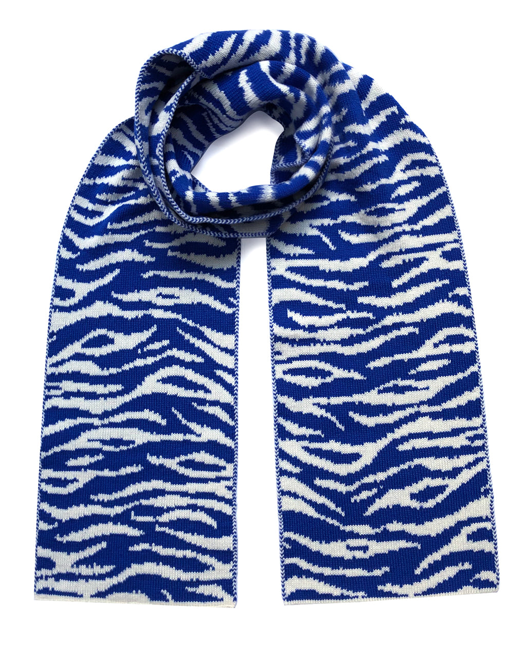 Blue and white zebra patterned scarf on a white background