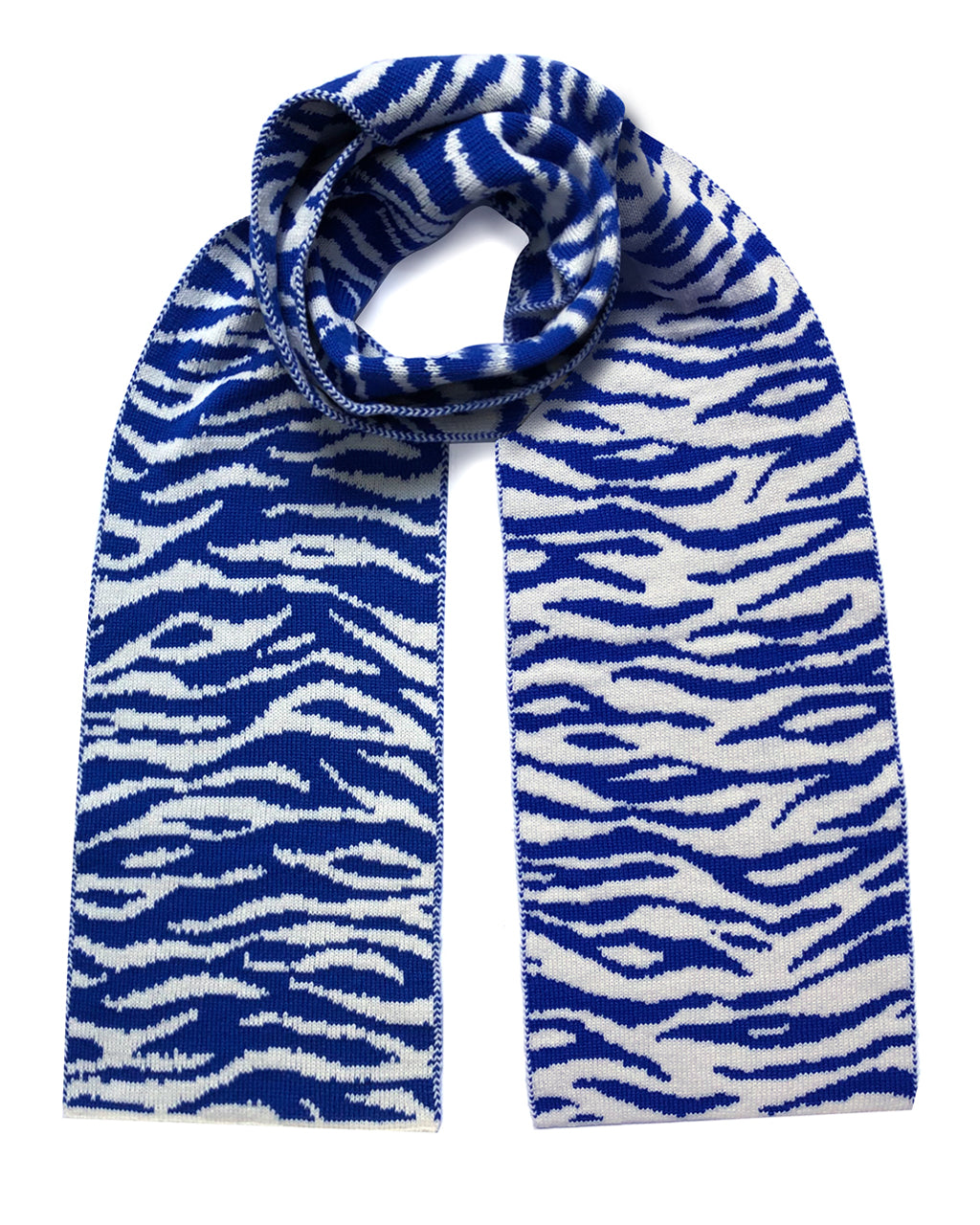 Blue and white zebra patterned scarf on a white background