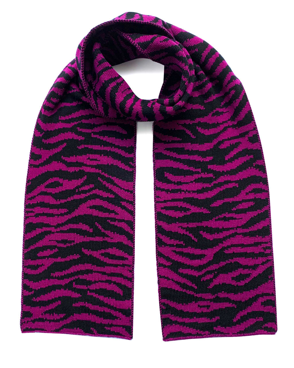 Purple and black zebra pattern scarf on a white background