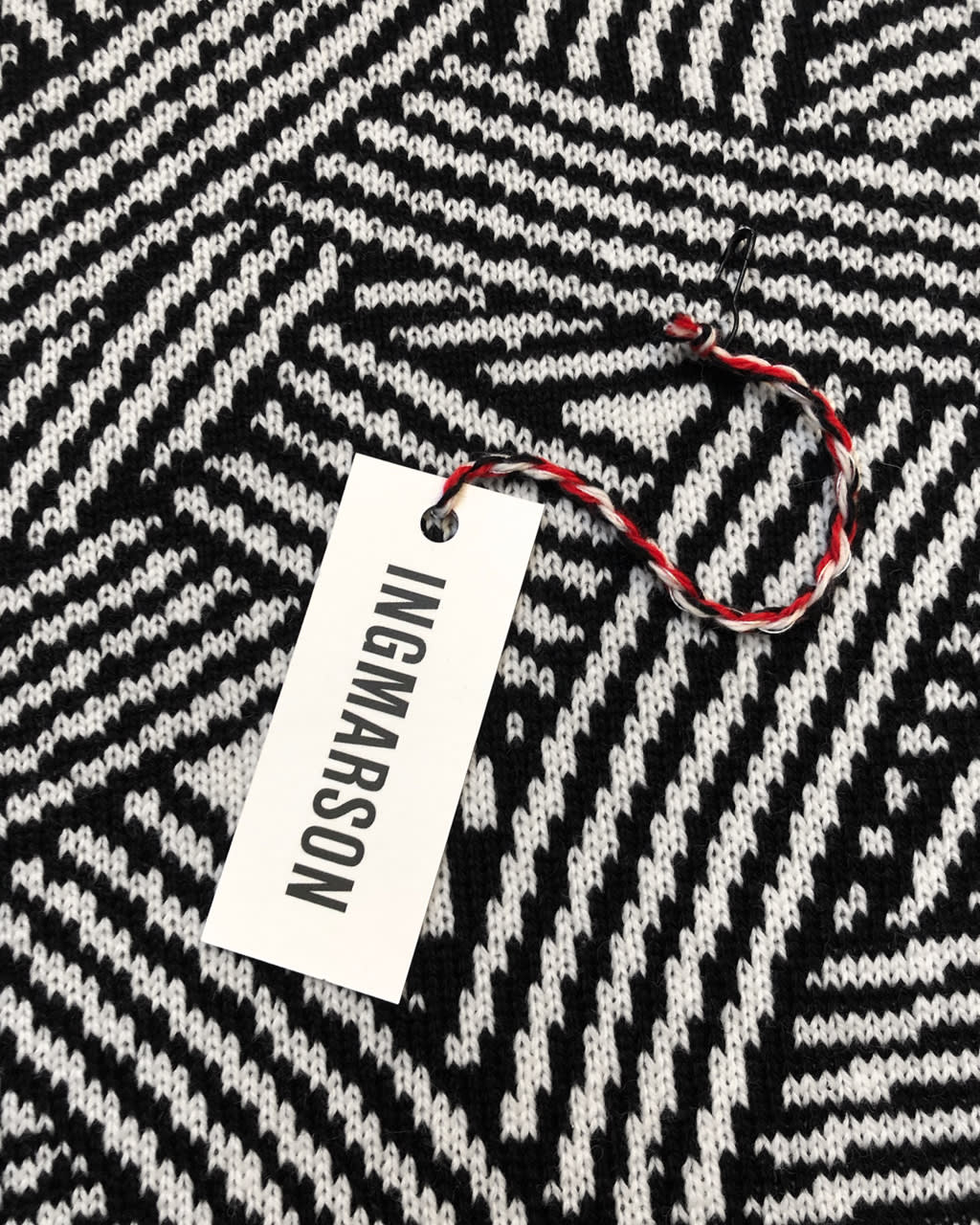 Black and white Geometric Striped Wool & Cashmere Scarf Textile and a visible brand tag labeled 'INGMARSON'.