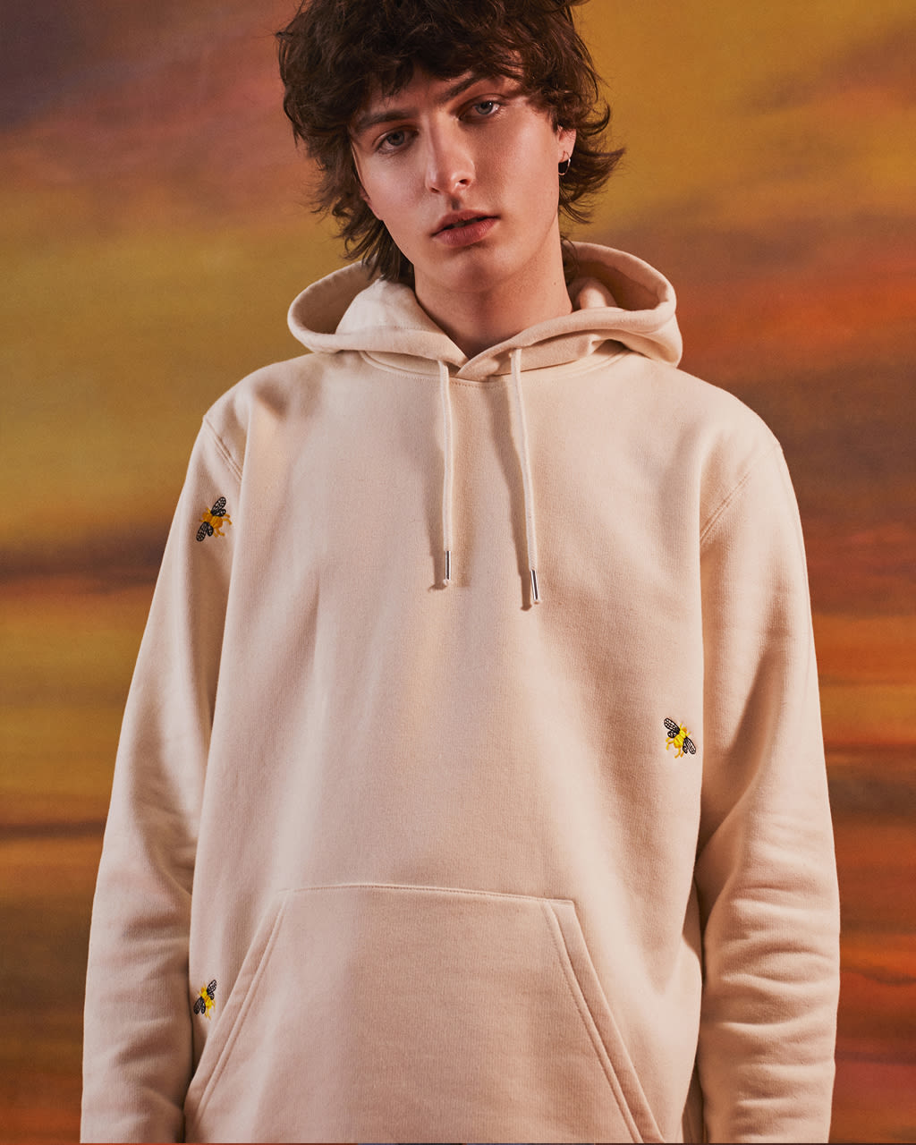 Person wearing a Bee Embroidered Hoodie for Men with small yellow and black bee designs against a warm-toned background