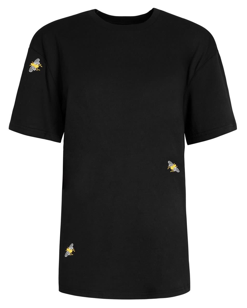 Black Bee Embroidered Black T-Shirt with bee embroidery on a white background
