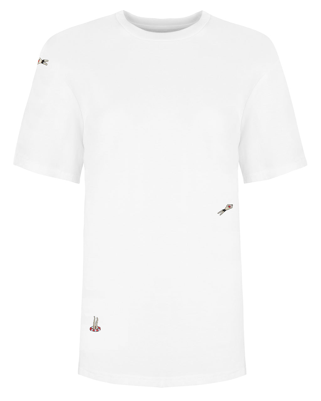 White t-shirt with small decorative elements on a white background