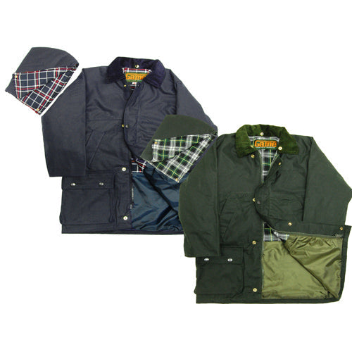 Two Game Children's Quilted Wax Jackets, one navy and one olive green, with plaid lining on a white background.