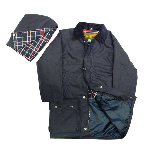 Navy blue Game Children's Quilted Wax Jacket with plaid lining and hood on a white background