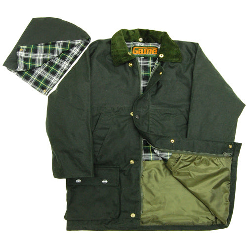 Olive Green Game Children's Quilted Wax Jacket with plaid lining and Game logo on a white background