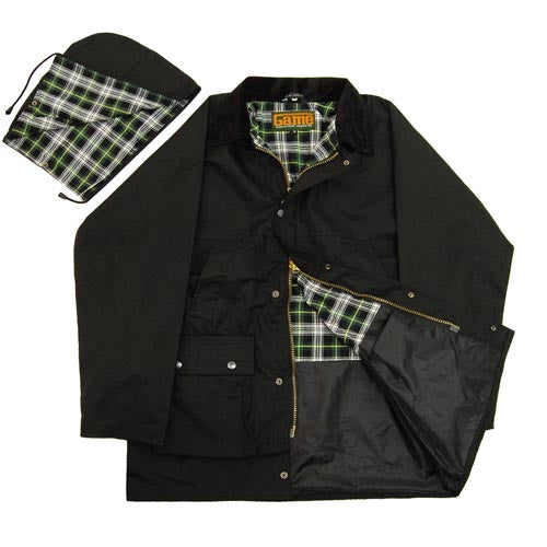 Black jacket with plaid lining and a matching pouch on a white background