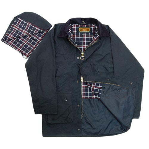 Dark navy blue jacket with plaid lining on a white background