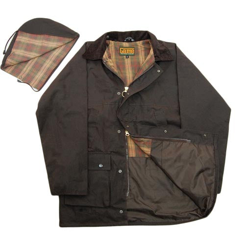 Brown jacket with plaid lining and Game logo on a white background