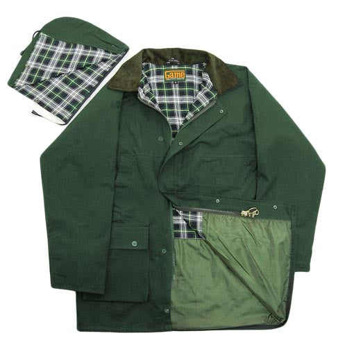 Olive Green jacket with plaid lining and interior pocket on a white background