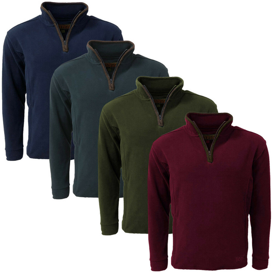 Four Men's Game Stanton Fleece Pullovers in navy, forest green, gunmental grey and maroon on a white background