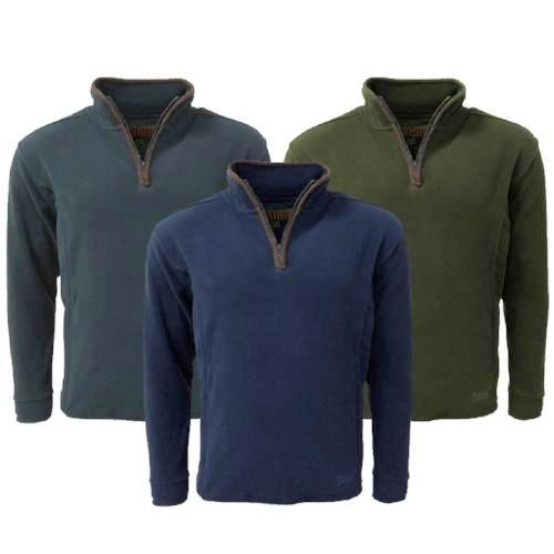 Three Men's Game Stanton Fleece Pullovers in navy, forest green, and gunmental grey on a white background