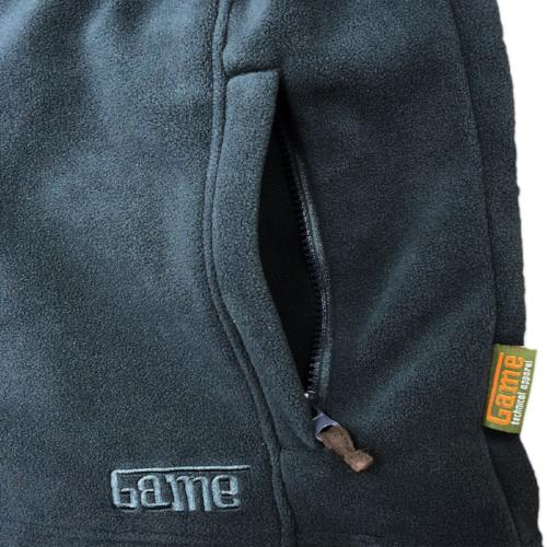 Close-up of a gunmental gray fleece jacket with 'Game' branding on a white background