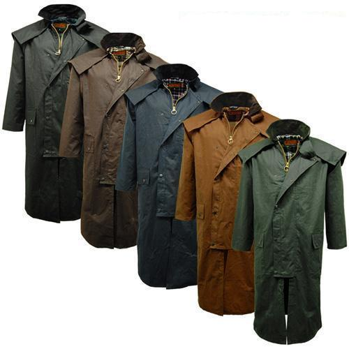 Five Game Wax Stockman Long Cape different colored coats (black, brown, navy, tan and olive green) displayed on a white background