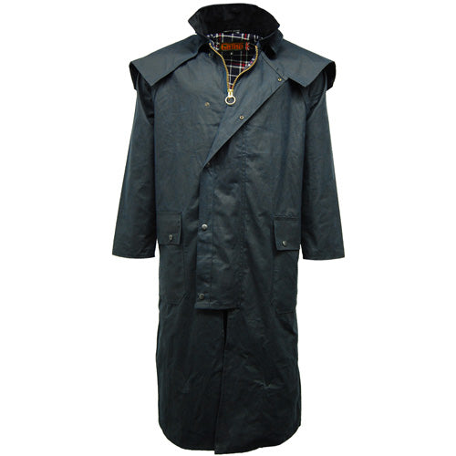 Navy Game Wax Stockman Long Cape with plaid lining on a white background