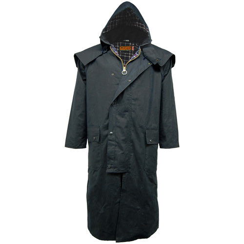 Navy Game Wax Stockman Long Cape with plaid lining and hood on a white background