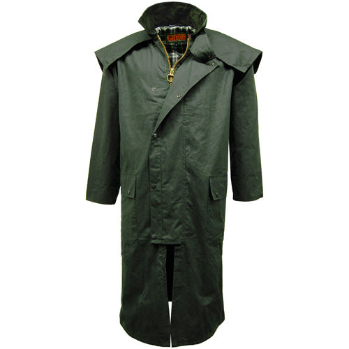 Olive Green Game Wax Stockman Long Cape with a gold zipper on a white background