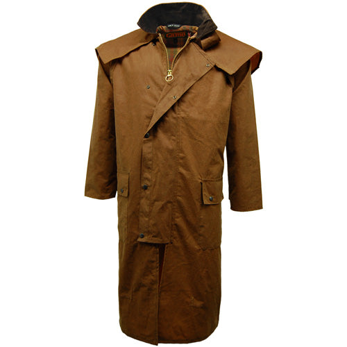 Tan Game Wax Stockman Long Cape with a fur-lined hood on a white background