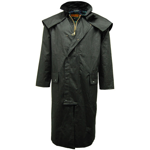Black Game Wax Stockman Long Cape with a hood on a white background