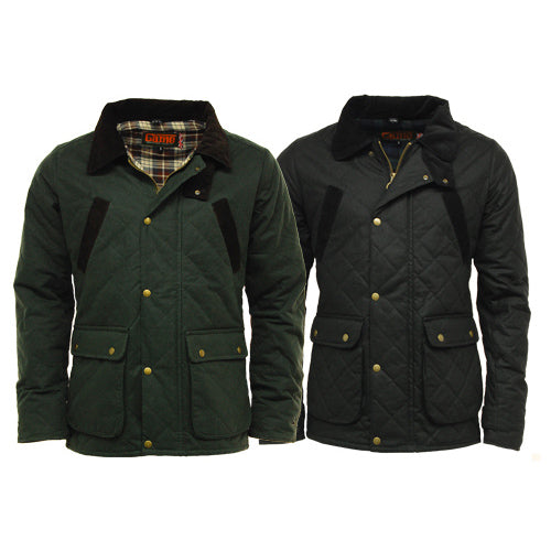 Two Game Oxford Quilted Wax Jackets, one green and one black, on a white background