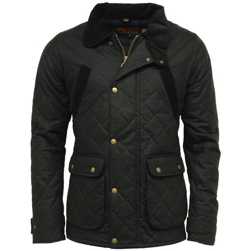 Black Game Oxford Quilted Wax Jacket with gold buttons on a white background