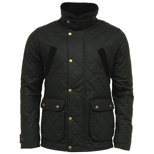 Black Game Oxford Quilted Wax Jacket with gold buttons on a white background