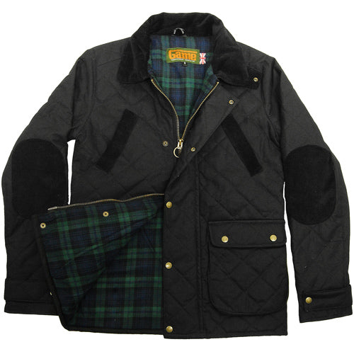 Black Game Oxford Quilted Wax Jacket with plaid lining and visible brand logo on a white background