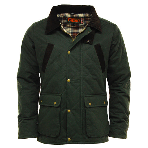 Green Game Oxford Quilted Wax Jacket with plaid lining on a white background