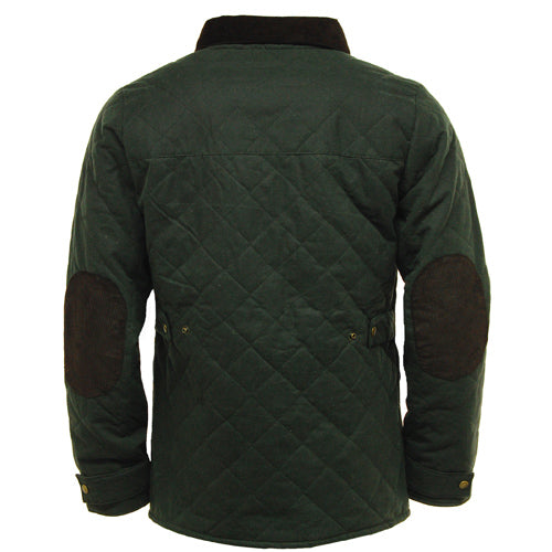 Green Game Oxford Quilted Wax Jacket with black elbow patches on a white background