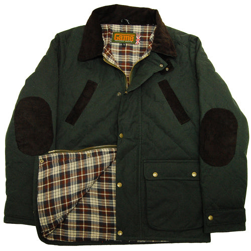 Green Game Oxford Quilted Wax Jacket with plaid lining and elbow patches on a white background